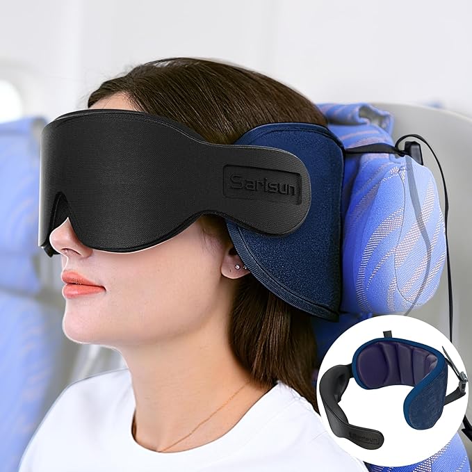SARISUN Travel Pillow for Airplanes Sleep, Seat Strap for Stable Support | Airplane Pillow Head Strap with 3D Eye Mask, Stop Bobblehead, 360° Headrest Support for Long Flight Road Trip, Purple by SARISUN