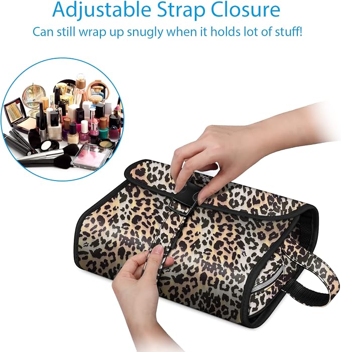 FINTIE Portable Toiletry Cosmetic Travel Bag Hanging Makeup Organizer | Large Water Resistant Storage Pouch Case, For Women Girls, Leopard - Image 3