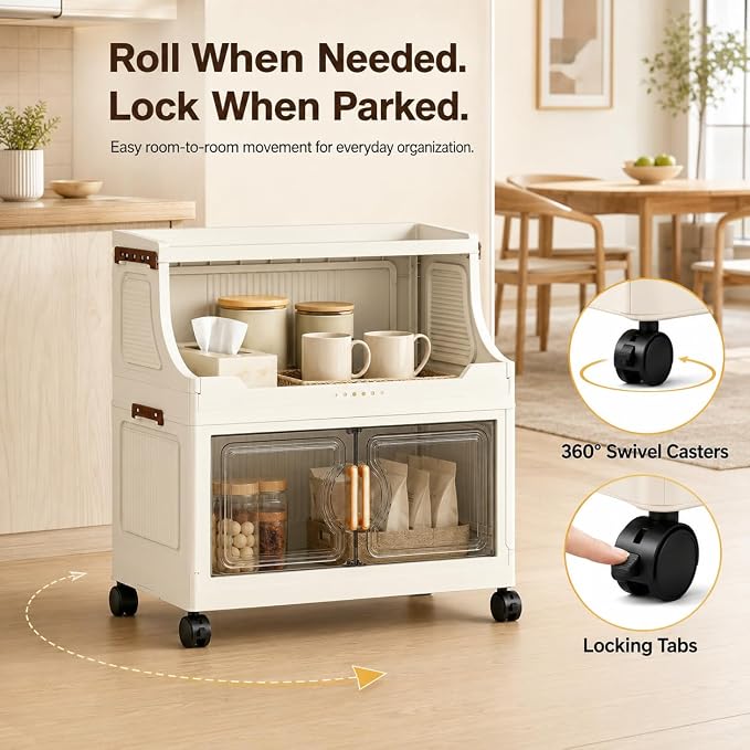 2 Tier Stackable Storage Bins with Lids & Wheels | PP construction with open top storage, clear doors and lockable wheels for kitchens, bathrooms, pantries and apartments. - Image 5