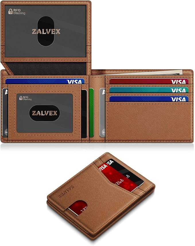 Wallet for Men Slim RFID Blocking Leather Credit Card Holder Wallet for 14 Cards, Bifold Minimalist Thin Wallet with 2 ID Windows & Cash Slot, Front Pockt Carteras Para Hombres, Birthday Gifts for Men | 14 Cards Bifold Minimalist Thin Wallet with 2 ID ... by ZALVEX
