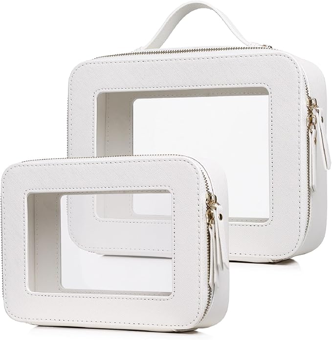 Pinkmik Clear Makeup Bag, (White, M+L) | 2PC,Waterproof, Travel Cosmetics and Toiletries Case, Portable Makeup Organizer, Clear Car Bag with Zipper by Pinkmik