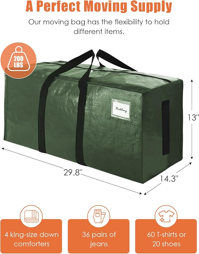 SWEET DOLPHIN 12 Pack 200LB Heavy-Duty Moving Bags with Wrap-Around Handles, Extra Large Storage Totes for Space Saving, Clothes Storage Bags, College Dorm Essentials, Green, 24 Gal - Image 4