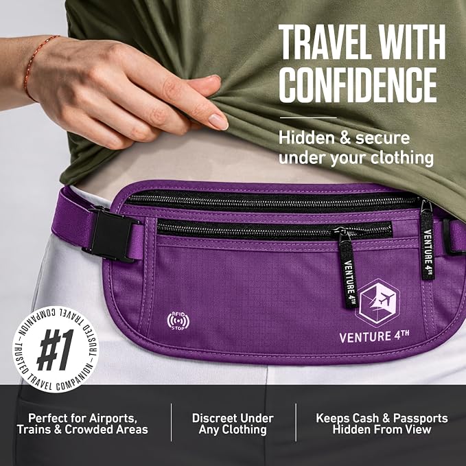 VENTURE 4TH Travel Money Belt, RFID Blocking Passport Holder - Purple - Image 4