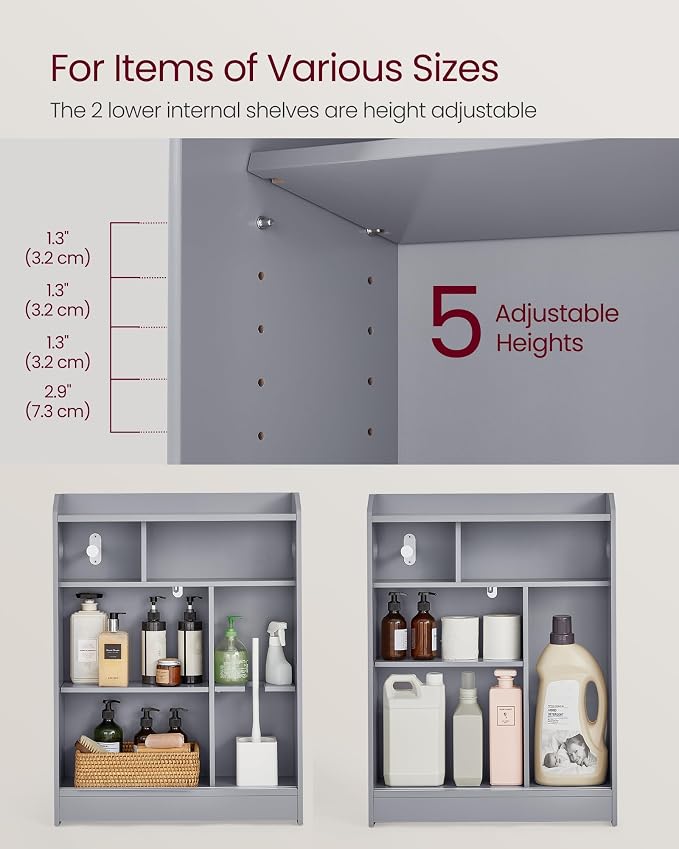 VASAGLE Slim Bathroom Storage Cabinet, Sliding Doors, Dove Gray | Adjustable Shelves，Toilet Paper Holder, Brush Compartment, 23.6 x 7.9 x 31.5 Inches, SIREN Collection UBBC752G02 - Image 6