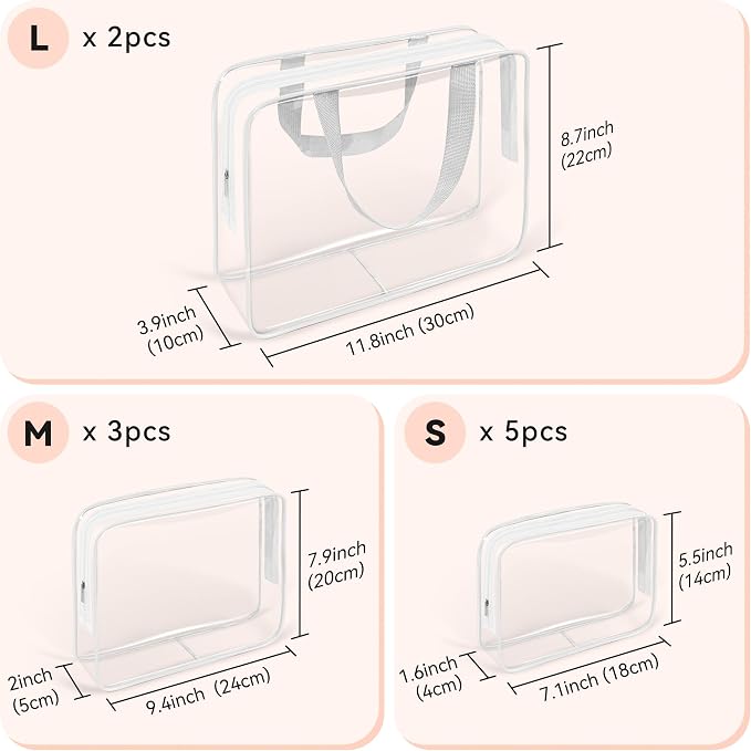 TISRATOK 10 PCS Clear Travel Bags for Toiletries, Clear Makeup Bags（White） | 3 Size plastic clear bags with zipper handbag, TSA approved cosmetic pouch for travel, swimsuit,toy storage bags - Image 2