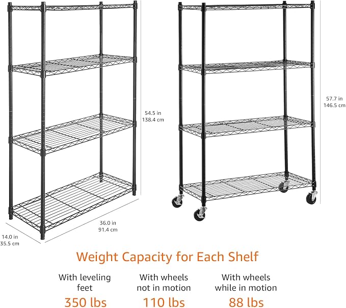 Amazon Basics 4-Shelf Heavy Duty Garage Shelving Storage Unit on 3" Wheel Casters, Adjustable Metal Wire Rack with Leveling Feet, 36" x 14" x 57.75", Black - Image 3