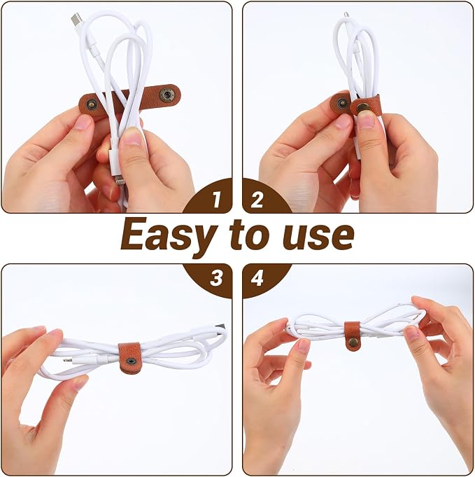 Salbsever 10pcs Classic Leather Cord Organizer Straps, Brown, Zip, Cable Straps - Image 3