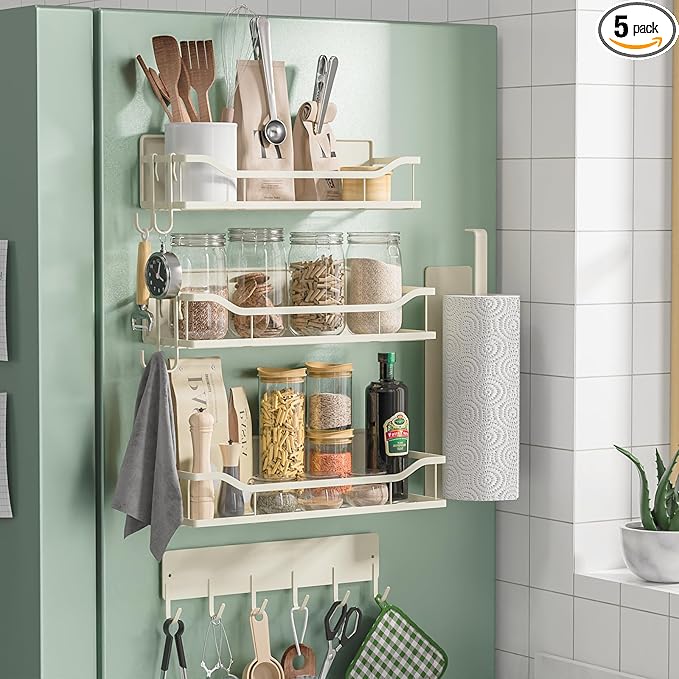 5 Pack Multifunctional Magnetic Shelves for Refrigerator Spice Rack & Washing Machine Organize, Include Paper Towel Holder, Kitchen Utensil Hanger and Hooks, Strong Magnet for Secure Hold (Cream) by Unknown