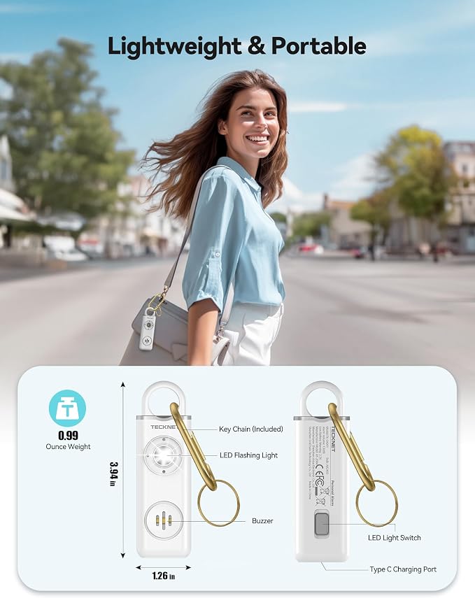 TECKNET Rechargeable Personal Safety Alarm for Women, 130dB Self Defense Keychain Alarm with SOS Strobe Light, Low Battery Notice, Loud Siren Safety Keychain for Girls Kids Elderly - White - Image 5