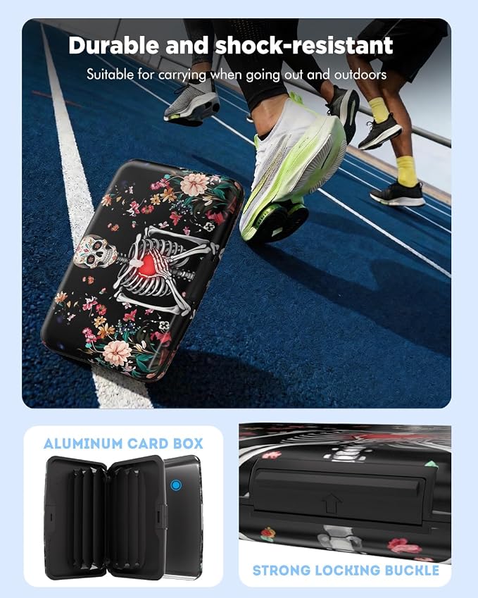 Maicican RFID Blocking Aluminum Credit Card Holder | Slim Metal Wallet for Women & Men, Business Card Case for Travel, Fits Front Pocket, Card holder wallet - Flower Skull - Image 7