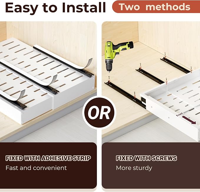 Pull Out Drawers for Cabinets, 1 Pack Slide Out Drawer Expandable Width (10"-16") and Depth (17"-25") with 3 Slide Rails, Fixed with Adhesive Film or Nail for Cabinets in Kitchen, Pantry or Bathroom - Image 5