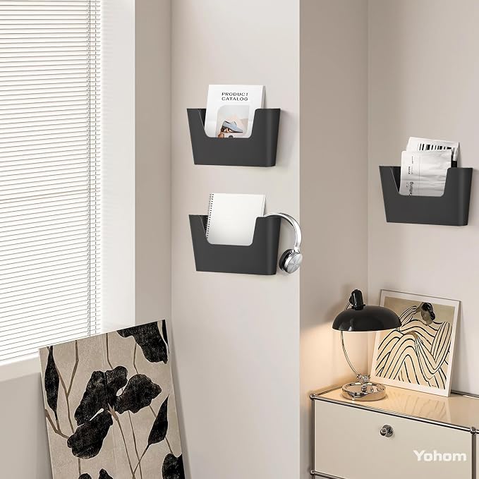 YOHOM Adhesive File Holder Plastic Document Folder Door No Drilling Mount Mail Magazine Organizer A4 Filing Envelopes Folder, Office Wall Mount Single Pocket (BLACK, 3 PCS) - Image 5