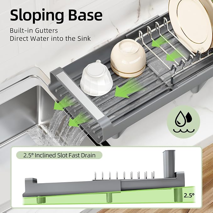 TOOLF Small Dish Drying Rack, Expandable and Space-Saving, Gray | Mini Dish racks for kitchen counter, Compact Design Fits Sink or Counter, Stainless Steel Plate Rack, 11"-19.3"L×7.7"W×3.54"H - Image 6