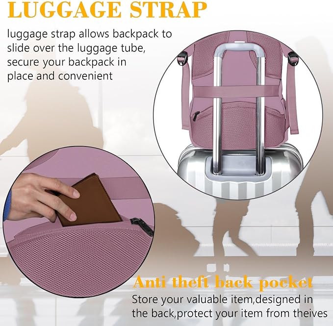 MATEIN Dark Purple Personal Item Backpack, Underseat 15.6 Inch Laptop Bag | Water Resistant Sturdy, Slim Daypack for College, Luggage Strap, Anti Theft, Gifts for Women, Dark Purple - Image 6