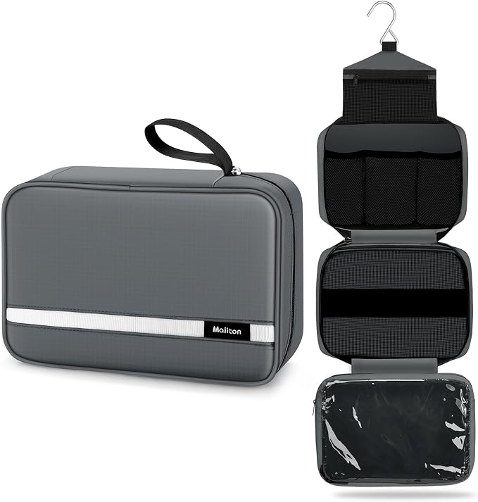 Maliton Toiletry Bag for Men & Women Travel Toiletry Bag Hanging Toiletry Bag Hygiene Organizer with 4 Compartments Waterproof Bathroom Shower Bag Large Toiletries Travel Bag (Gray) by Maliton