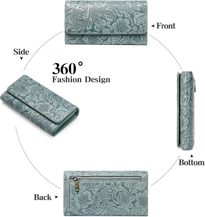 GOIACII Leather Wallets for Women RFID Blocking Western Clutch Blue | Embossed Design, Trifold, Large Billfolds, Vintage Flower, Ladies Purses with Zipper Coin Pocket - Image 7