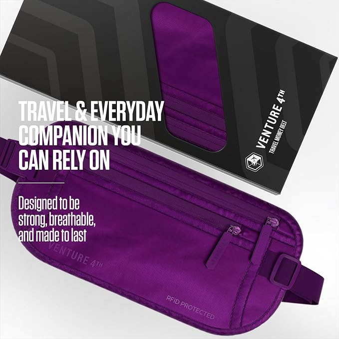 VENTURE 4TH Travel Money Belt, RFID Blocking Passport Holder - Sleek Purple - Image 4