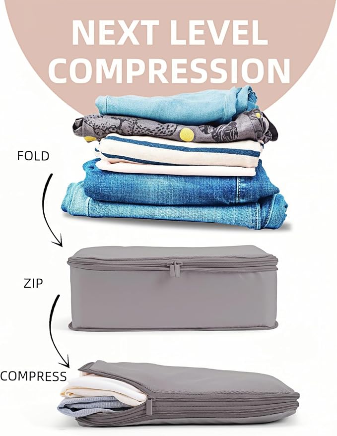 6 Set Compression Packing Cubes for 7–14 Day Travel, Misty Silver | Nylon Oxford Fabric, Full Breathable Mesh, Reinforced Double-Zipper, Small to Large Size Bag, Expandable Packing System - Image 2