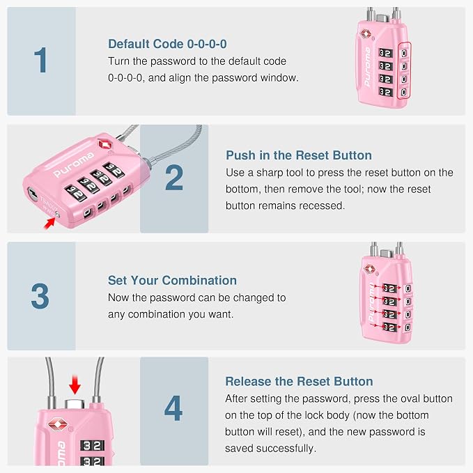 Puroma 2 Pack TSA Approved Luggage Locks 4 Digit Code Cable Lock Basic Pink | Resettable, Flexible Cable, Zipper holes, Zinc Alloy, Bright Color, Large White Numbers, Suitcase Train Travel, laptop bag - Image 6