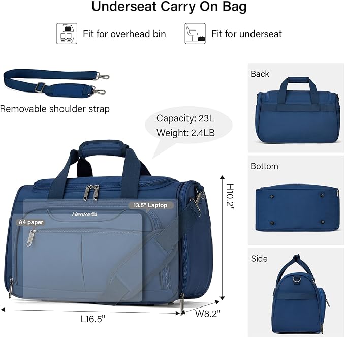 Hanke Small Underseat Carry On Luggage Bags for Travel with 10 Pockets. | Airline Approved Foldable Personal Bag w/ Luggage Sleeve; Tote Duffle & Bento Bag, Flight Attendant Weekender for Men & Women - Image 2