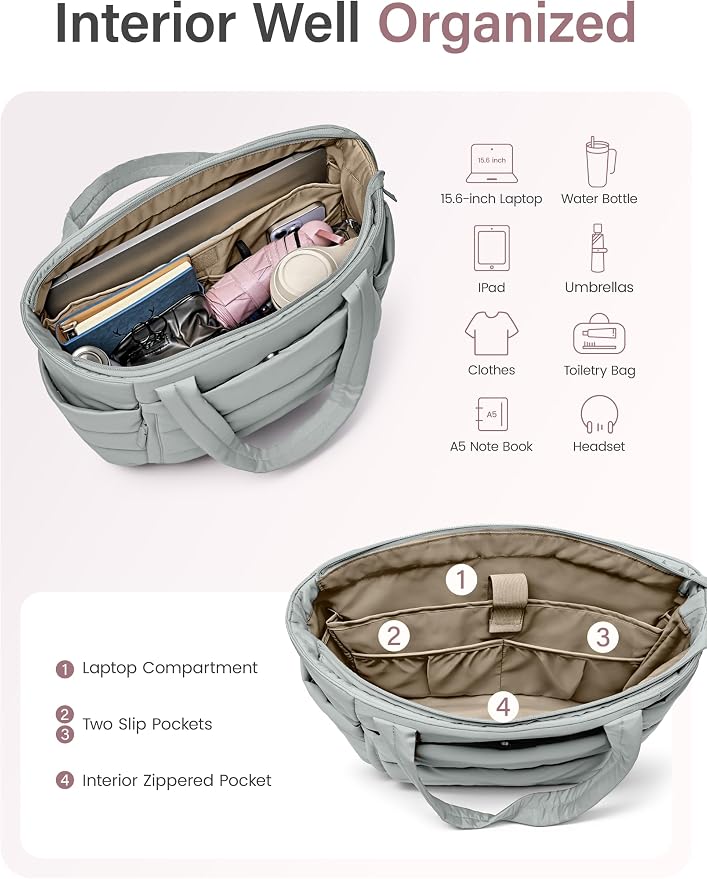 Uselike Tote Bag for Women with Zipper, Quilted Puffer Tote Bag with Compartments, Lightweight Puffy Work Bags for Women - Image 5