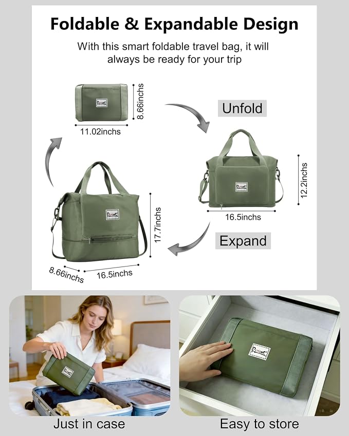 Foldable Travel Duffel Bag for Women, Olive Green | 40L Expandable Water-Resistant Carry on Bag, Personal Item Travel Bag Flight Approved with Wet Pocket for Gym Travel, Nylon - Image 5