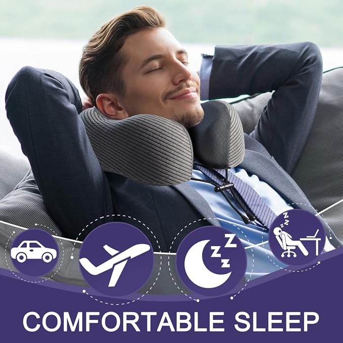 napfun Neck Pillow for Travel with Travel Pouch, Sleep Mask & Earplugs, Memory Foam Airplane Pillow for Headrest Sleep with Eyeshades, Plane Essentials with Eye Blindfold, Dark Gray Striped Kit - Image 2