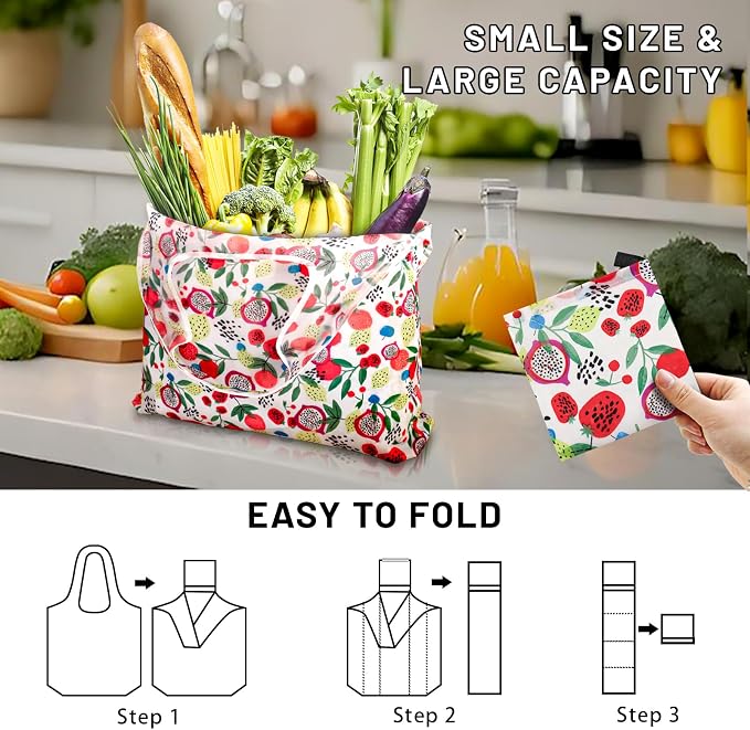 4 Pcs Reusable Grocery Bags, Foldable Shopping Bags Heavy Duty, Large Nano Bag Cute Tote Bag for Daily Shopping, Waterproof and Machine Washable (Flowers) - Image 4