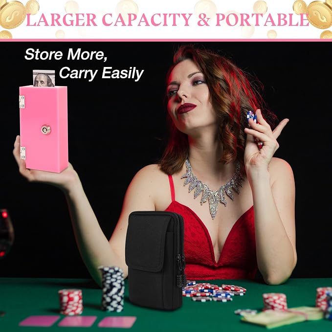 Extra Large Pink Acrylic Box Winners Bank with 2 Keys, Slot, Storage Waist Bag, Portable Casino Cash Money Lock Box Safe for Gamblers, 1Pack - Image 5