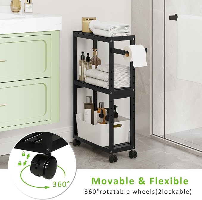 RRX Bamboo Rolling Cart,Slim 3-Tier Standing Shelf Units on Wheels (Black) | Bamboo Shelves Utility, Storage Corner Shelf Cabinet for Narrow Space, Toilet Paper Organizer for Bathroom, Kitchen - Image 7