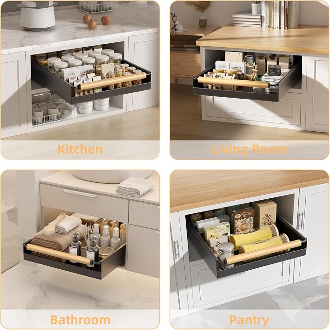 2 Pack 15.3'' Deep Expandable Slide Out Cabinet Shelf No-Drill Pull Out Drawer with Nano Film Adhesive, Heavy Duty Pull Out Tray for Kitchen, Pantry & Bathroom, Black - Image 5