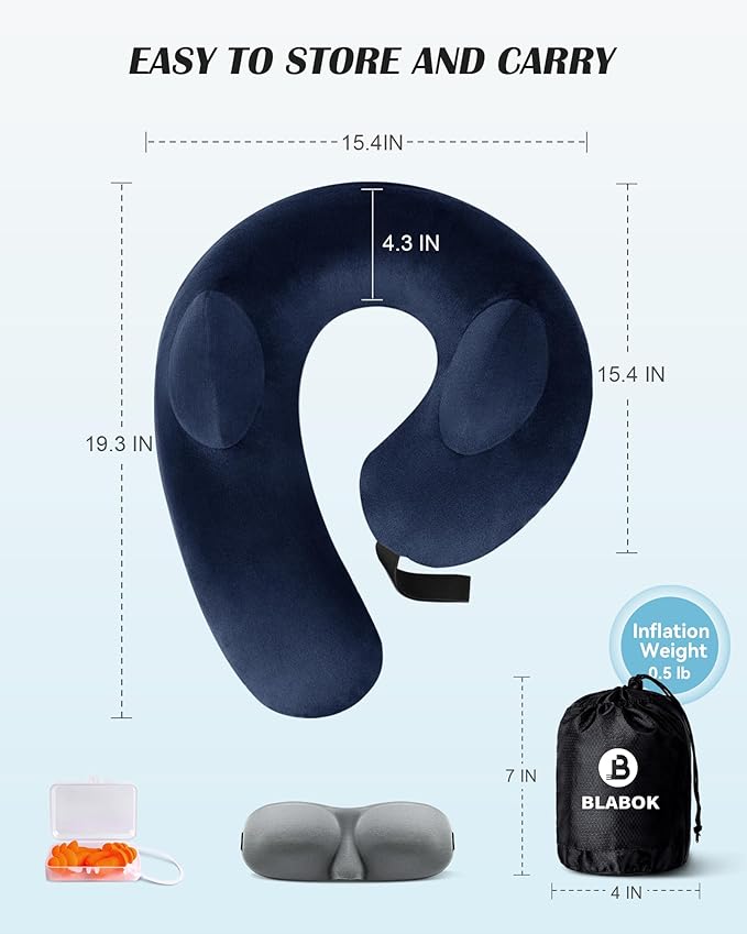 Patented Design Inflatable Travel Neck Pillow – Airplane Neck Pillow with 360° Head & Neck Support, Soft Washable Velvet Cover, Compact Neck Support Pillow for Airplane,Train,Car,Office & Home (Blue) - Image 6