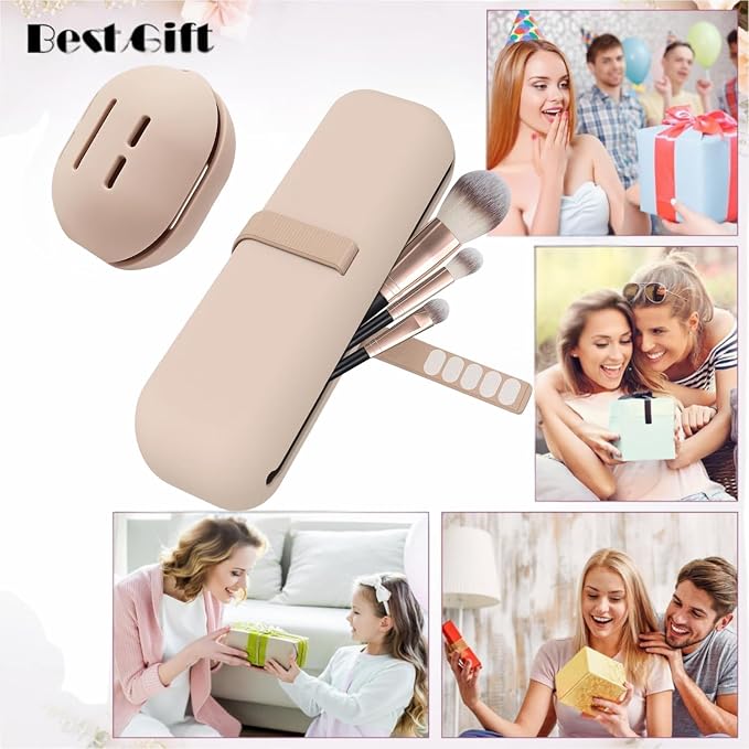 2-in-1 Silicone Makeup Brush Holder Travel Case, Khaki | Beauty Blender Pouch, Nylon Strap Closure, Odorless Waterproof, Fits 12 Full-Size Brushes - Image 6