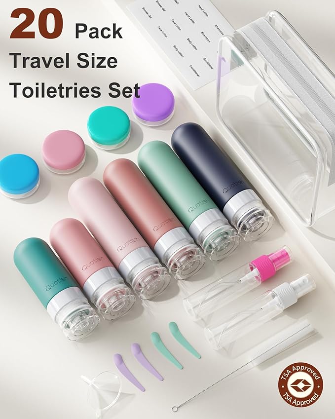 Quatish 20 Pack Travel Bottles for Toiletries, Original Patented, TSA Approved Travel Size Containers, Leak Proof Silicone Shampoo and Conditioner Bottles Women & Men, Airplane Essentials, Morandi - Image 2