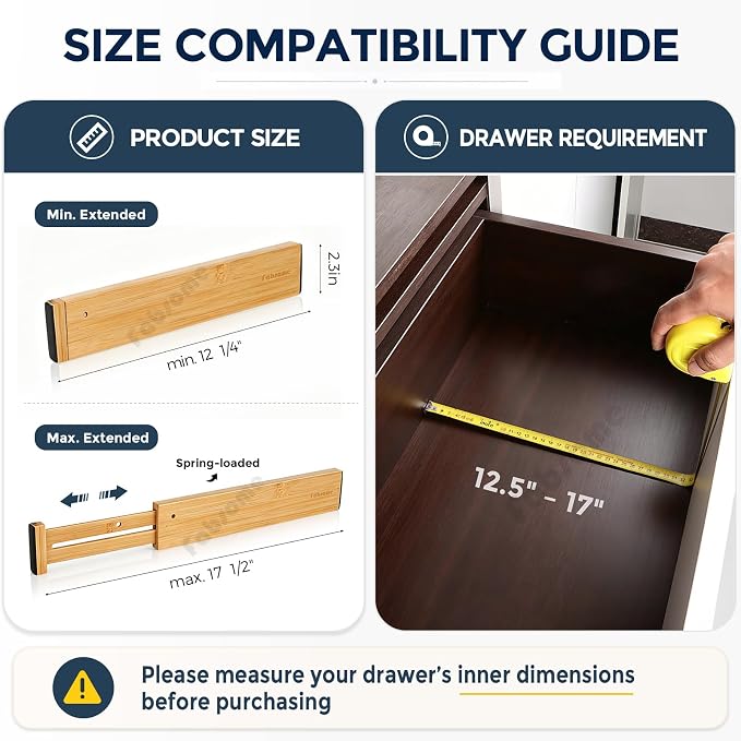 Fabsome Drawer Divider 6 Pack, Bamboo Dresser Organizers for Clothes Socks Underwear Baby Clothing, Wooden Separators for Nursery Organization Adjustable from 12.5'' to 17'' with Soft Foam Ends - Image 5
