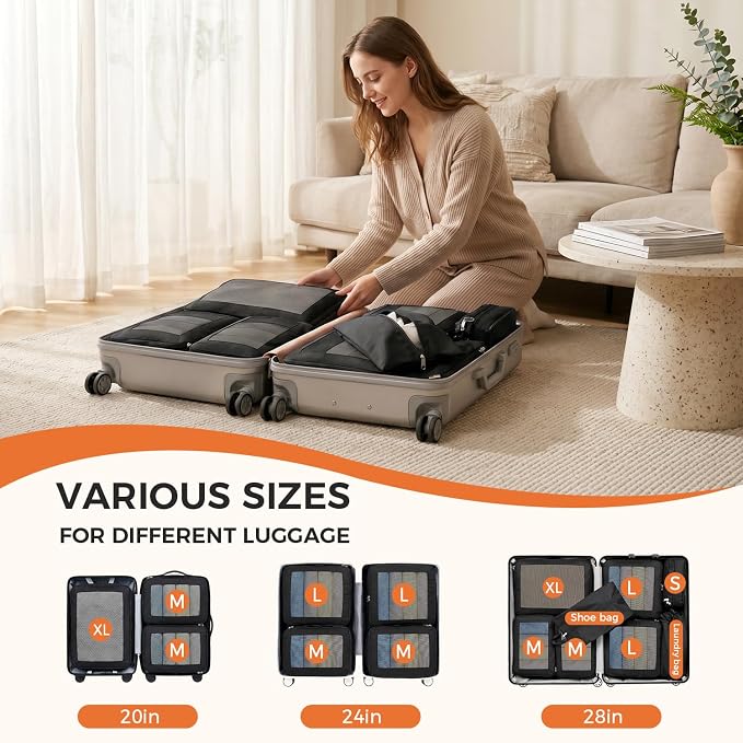 BAGAIL 8 Set Compression Packing Cubes, Expandable Luggage Organizer Bags for Travel Accessories (Black) - Image 6