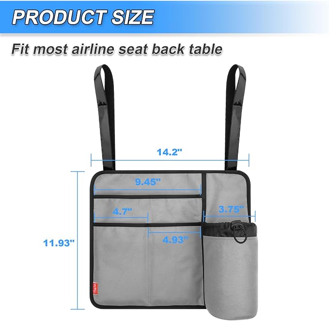 Airplane Seat Back Organizer & Storage, Airplane Tray Table Cover for Personal Items, Airline Seat Hanging Pockets Media Pouch,Reusable Travel Essentials,Fits Tablets,Cell Phone,Water Bottle (Grey) - Image 2