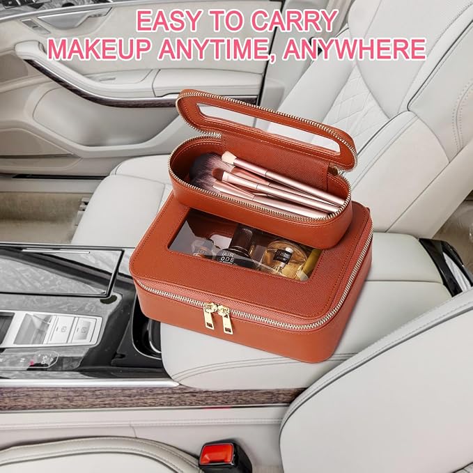 Pinkmik Travel Clear Makeup Bag, (Brown, M+SLIM) | Brush Case, TSA Approved Toiletry Bag, Waterproof Cosmetic Organizer with Zipper, Car Essential for Women - Image 6