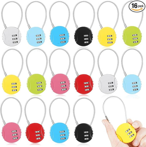 16 Pack 3 Digit Combination Cable Padlock,Assorted Color | Resettable for Gym Locker Luggage Backpack, Waterproof Outdoor Security, Small Combo Lock for Travel School Storage by Moxweyeni
