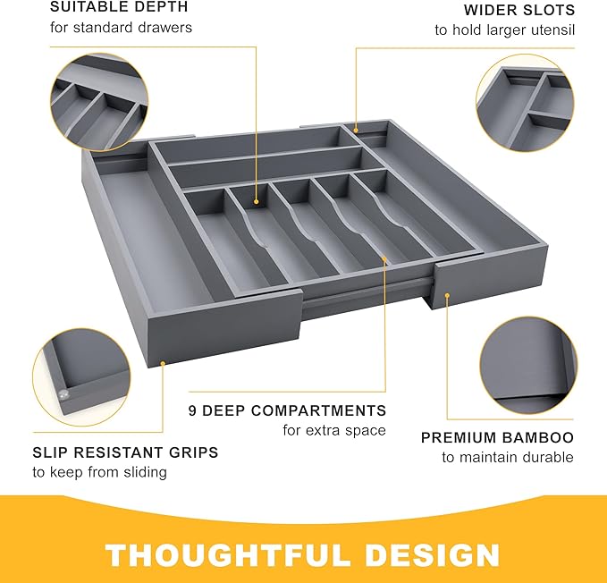 Large Premium Bamboo Silverware Organizer - Expandable Drawer Organizer & Utensil Organizer - 17"x19.7" Cutlery Tray with Dividers for Kitchen Utensils and Flatware (7-9 Slots) (Grey) - Image 6