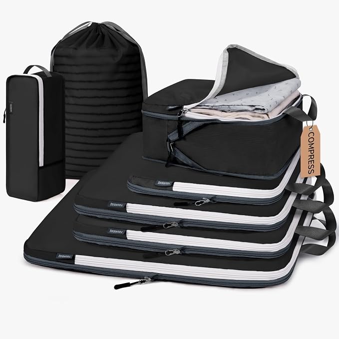 7 Set Compression Travel Packing Cubes for Suitcases, Black | Travel Essentials for Suitcase, Luggage Organizer Bags for Travel with Shoe Bag, Travel Bags for Shoes, Clothing by CherryNow
