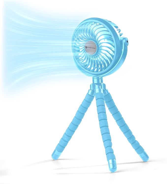 Comfort Zone Portable Stroller Fan, Light Blue | Rechargeable Battery Operated, Clip-On with 360° Flexible Tripod, LED Light, 3-Speed Cooling by ComfortZone