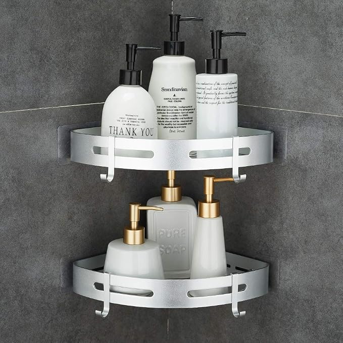 Corner Caddy Bathroom Shower Shelf Wall Mounted No Drilling 2 Tier Storage Shelves Adhesive Triangle Baskets Silver Bathroom Kitchen Storage Basket | Wall Mounted, No Drilling, Adhesive Triangle Bathroom Kitchen Storage Basket by Hoomtaook