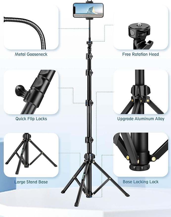 Phone Tripod, 85" Tripod for Cell Phone iPhone with Gooseneck | Aluminum Tripod Stand for Video Recording Photo Vlog, Travel Cellphone Tripod with Remote Compatible with iPhone Android - Image 8