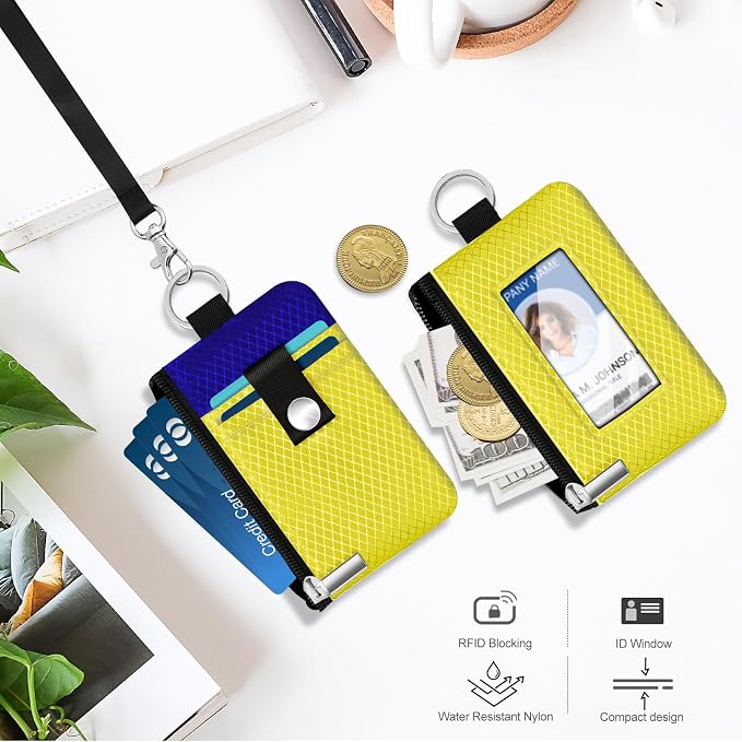 Minimalist RFID Blocking Small Wallet with ID Window,WaterResistant Zip Id Case Wallet with Lanyard Keychain for Cards,Cash,Travel,Women,Men (Lemon Yellow/Sapphire Blue) - Image 8