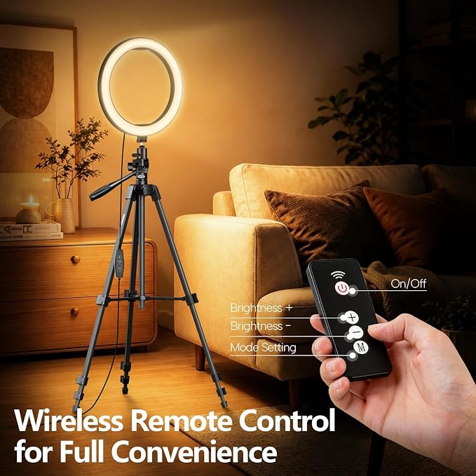 EMART 10'' Ring Light with 55'' Adjustable Tripod Stand & Phone Holder | 3 Color Modes 10 Brightness Levels Circle Selfie Lights with Wireless Remote for Streaming, Video Recording, YouTube, TikTok - Image 6
