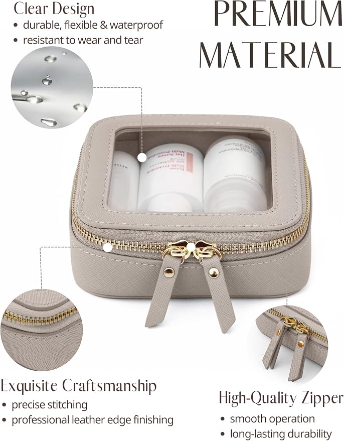 Clear Makeup Bag with Zipper, Set of 2, Mini and Medium, Stone | Clear Travel Bags for Toiletries, Structured Cosmetic Case for Women, Waterproof PU Leather, Wide Open Portable Car Organier - Image 3