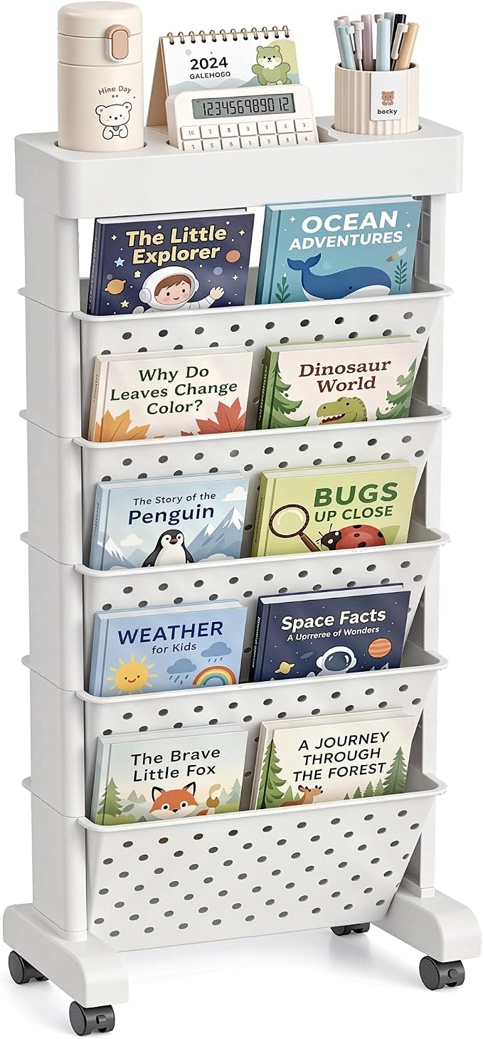 BYFU 6-Tier Rolling Bookshelf Cart, White | Movable with Wheels, File Paper Storage Organizer, For Home Office Study Classroom by BYFU-livingasimplelife