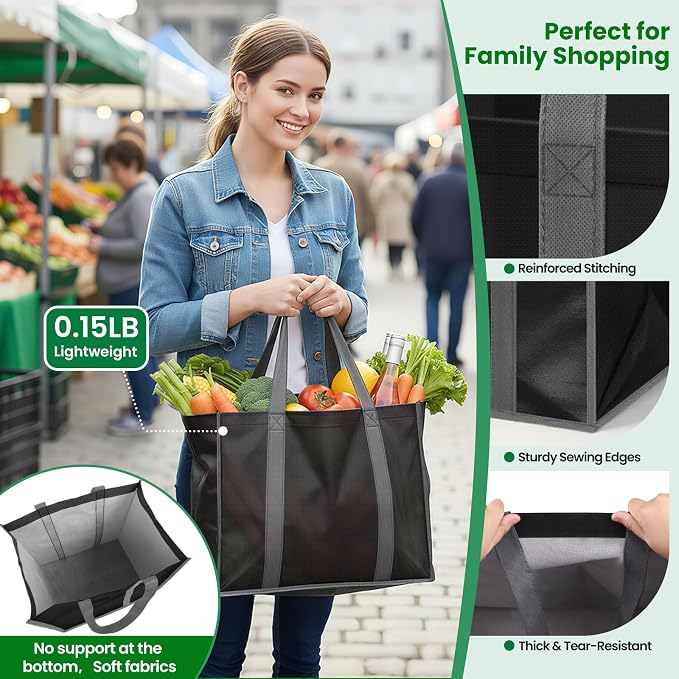 Reusable Grocery Bags for Shopping with Long Handles, 3 Pack, Black | Multipurpose Shopping Bags for Groceries, Foldable Grocery Totes Resist Water & Stains for Kitchen, Car Trunk, Picnic - Image 4