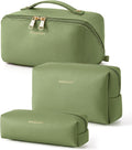 BAGSMART Makeup Bag Travel 3 Pcs Set Cosmetic Bag,Toiletry Bag,Dark Green | 3 Pcs Set Large Make Up Bag Flat Open for Women, PU Leather Travel Essentials Organizer, Wide-open Pouch for Skincare,Brushes by BAGSMART